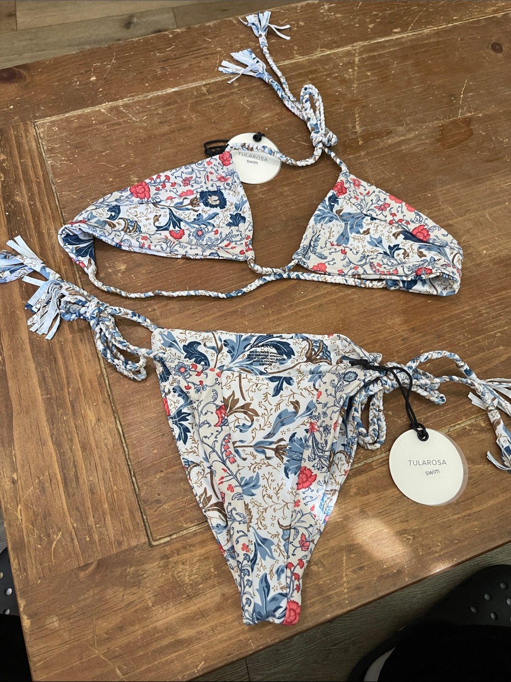 Tularosa Floral Tie-Side Bikini in Blue, Red & Cream
